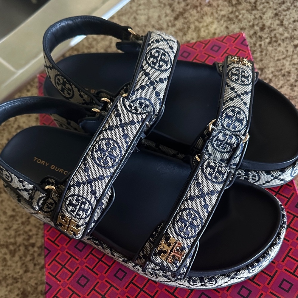 Tory Burch Black and Cream Logo Sandals